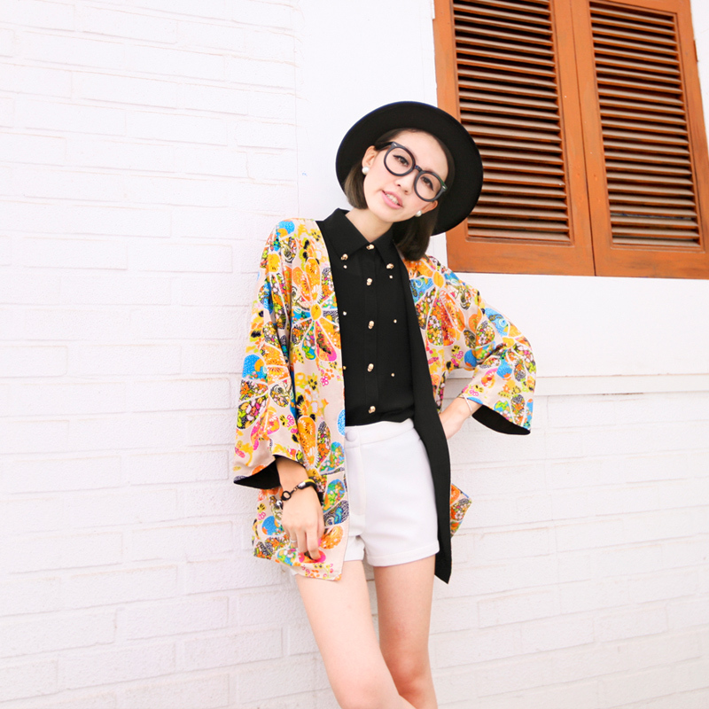 Female Blouse Casual Women's Sweater  chic vintage pattern print three quarter sleeve cardigan