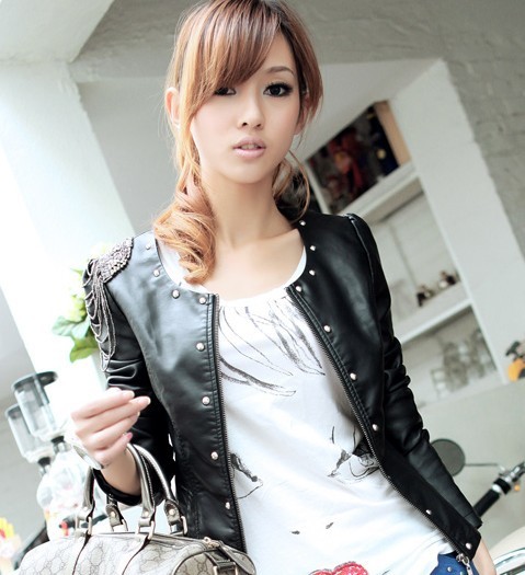 Female brief paragraph cultivate one's morality show thin small leather PU leather leather bomber jackets in locomotive rivet