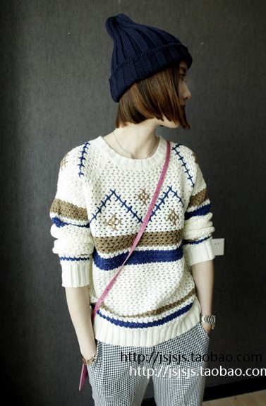 Female british style loose geometry trigonometric white pullover knitted sweater