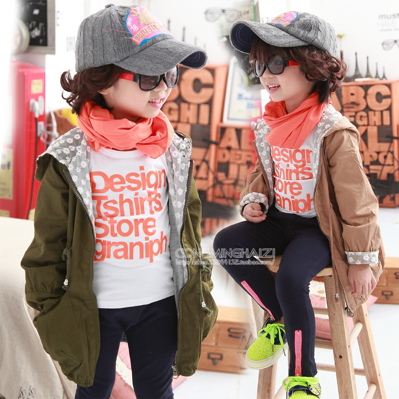 Female child 2012 autumn children's clothing cardigan child long design lace clothes trench outerwear 1962