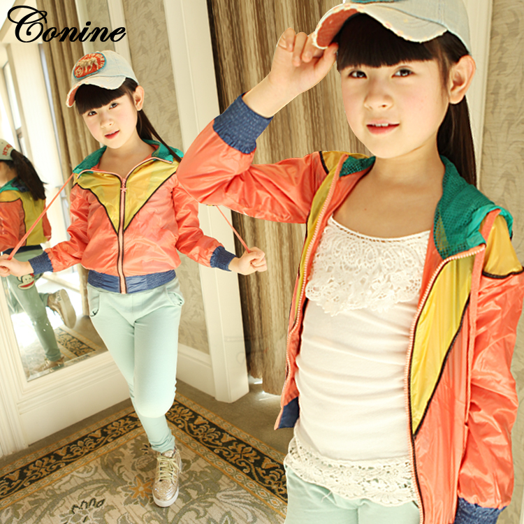 Female child 2013 spring children's clothing colorant match with a hood long-sleeve sports outerwear sun protection clothing