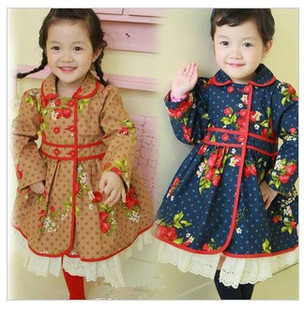 Female child autumn and winter royal loading cotton trench lace decoration double breasted outerwear spring and autumn clothing