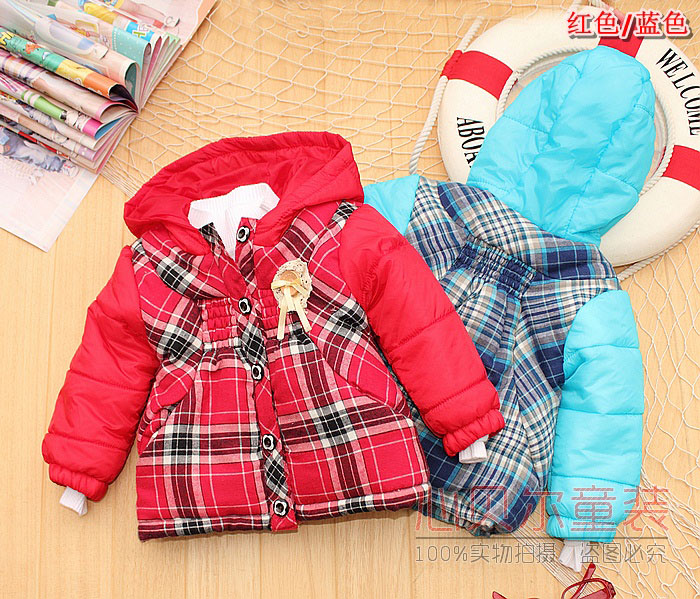 Female child autumn and winter thickening plus velvet wadded jacket male child plaid with a hood autumn and winter thickening