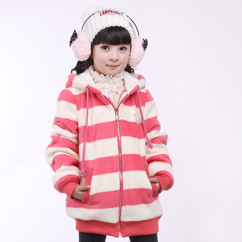 Female child autumn outerwear medium-large female child with a hood thickening fleece sweatshirt autumn and winter stripe top