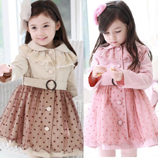 Female child baby spring and autumn female child 100% cotton dot gauze trench dress outerwear