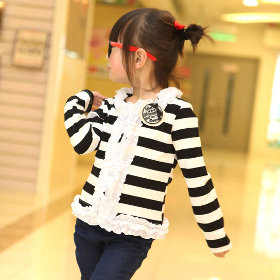 Female child children's clothing lace medal stripe cardigan all-match y10715