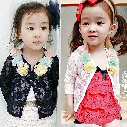 Female child children's clothing summer lace cutout rose stereoscopic flower cardigan child outerwear air conditioning shirt