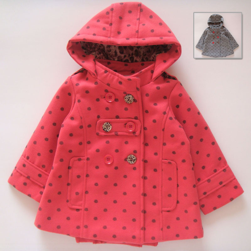 Female child double breasted hooded woolen overcoat outerwear trench