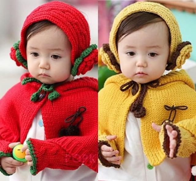 Female child infant baby crochet cherry earmuffs oversleeps cape piece set