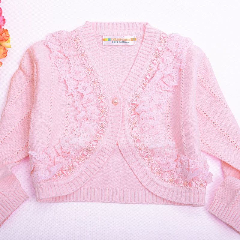 Female child knitted 100% cotton all-match flowers single-button coat child fashion V collar pink coat