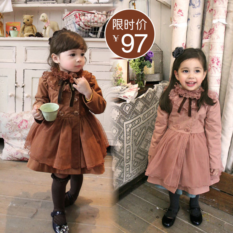 Female child noble lace cotton-padded trench soft screen stand collar princess dress baby medium-long outerwear overcoat