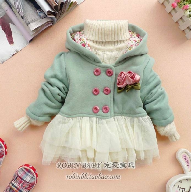 Female child outerwear baby thickening berber fleece outerwear princess overcoat trench top flower formal dress
