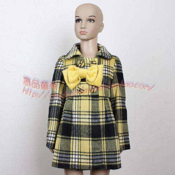 Female child preppy style classic plaid turn-down collar long design double breasted wool trench overcoat