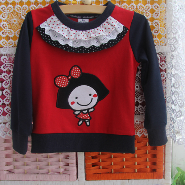 Female child princess sweatshirt lace decoration sweatshirt red spring and autumn short in size 35 full