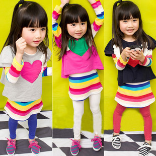 Female child spring 100% medium-long cotton love wings stripe one-piece dress short sweatshirt twinset children's clothing