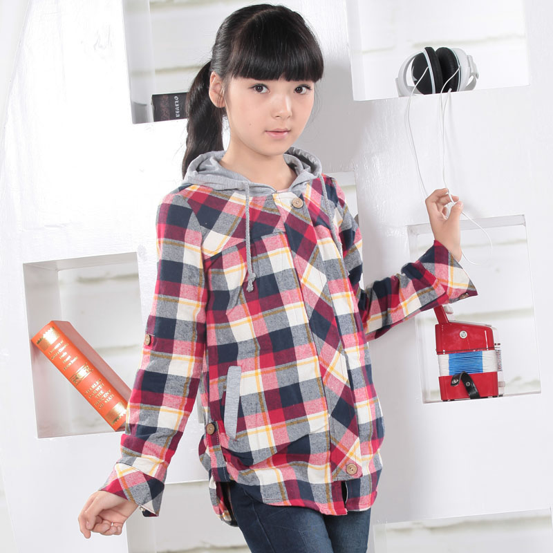 Female child spring and autumn child plaid shirt female child with a hood plaid shirt child casual long-sleeve top