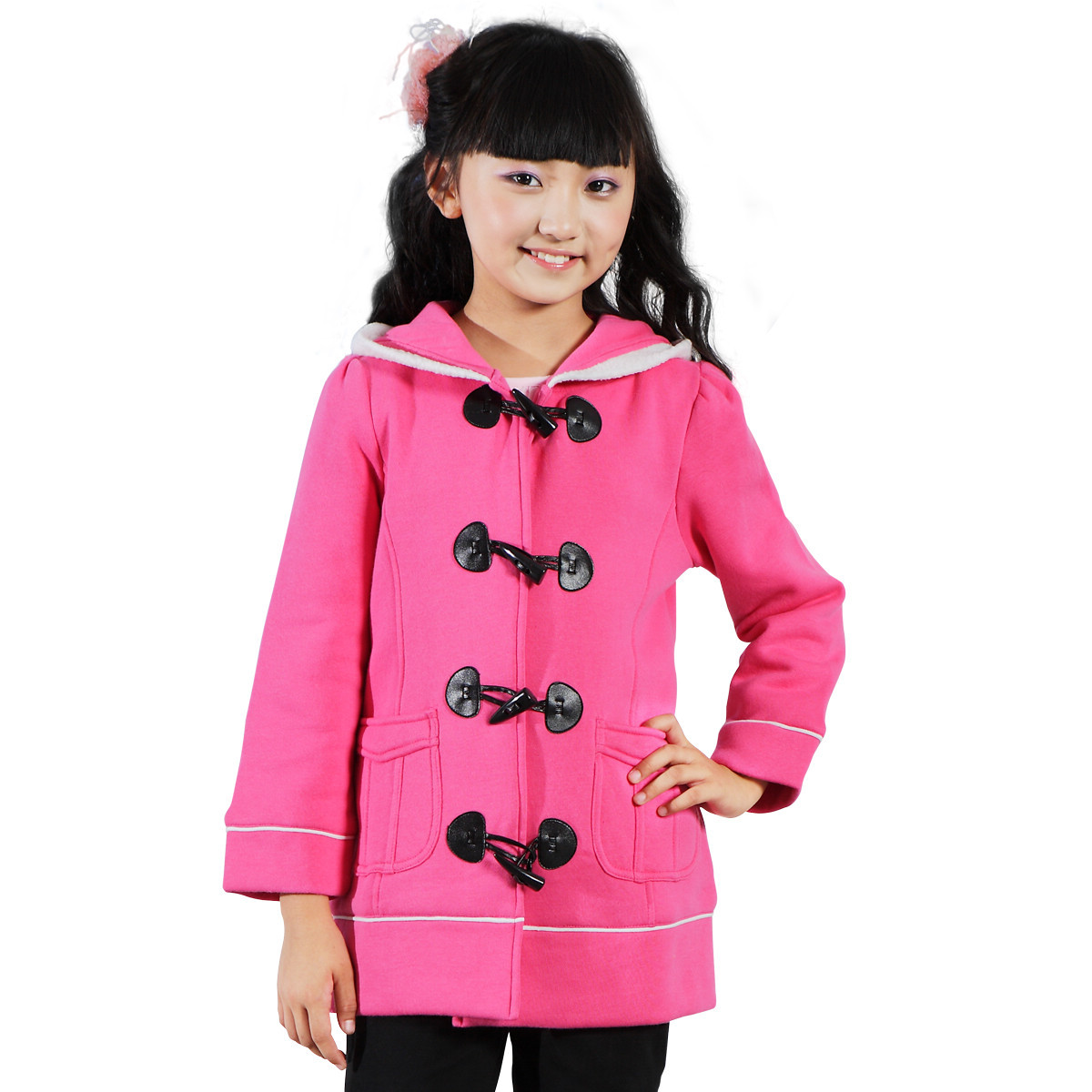 Female child spring and autumn horn button with a hood brief outerwear child fashionable casual ivory buckle clothes