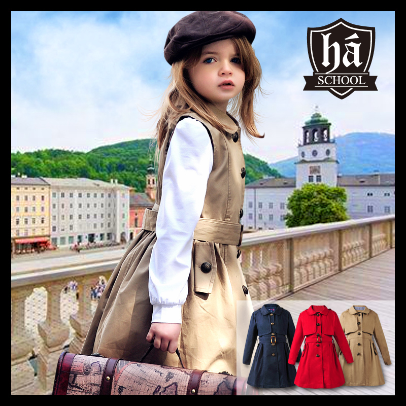 Female child spring and autumn outerwear spring detachable 2013 long-sleeve trench children's clothing red navy blue grey