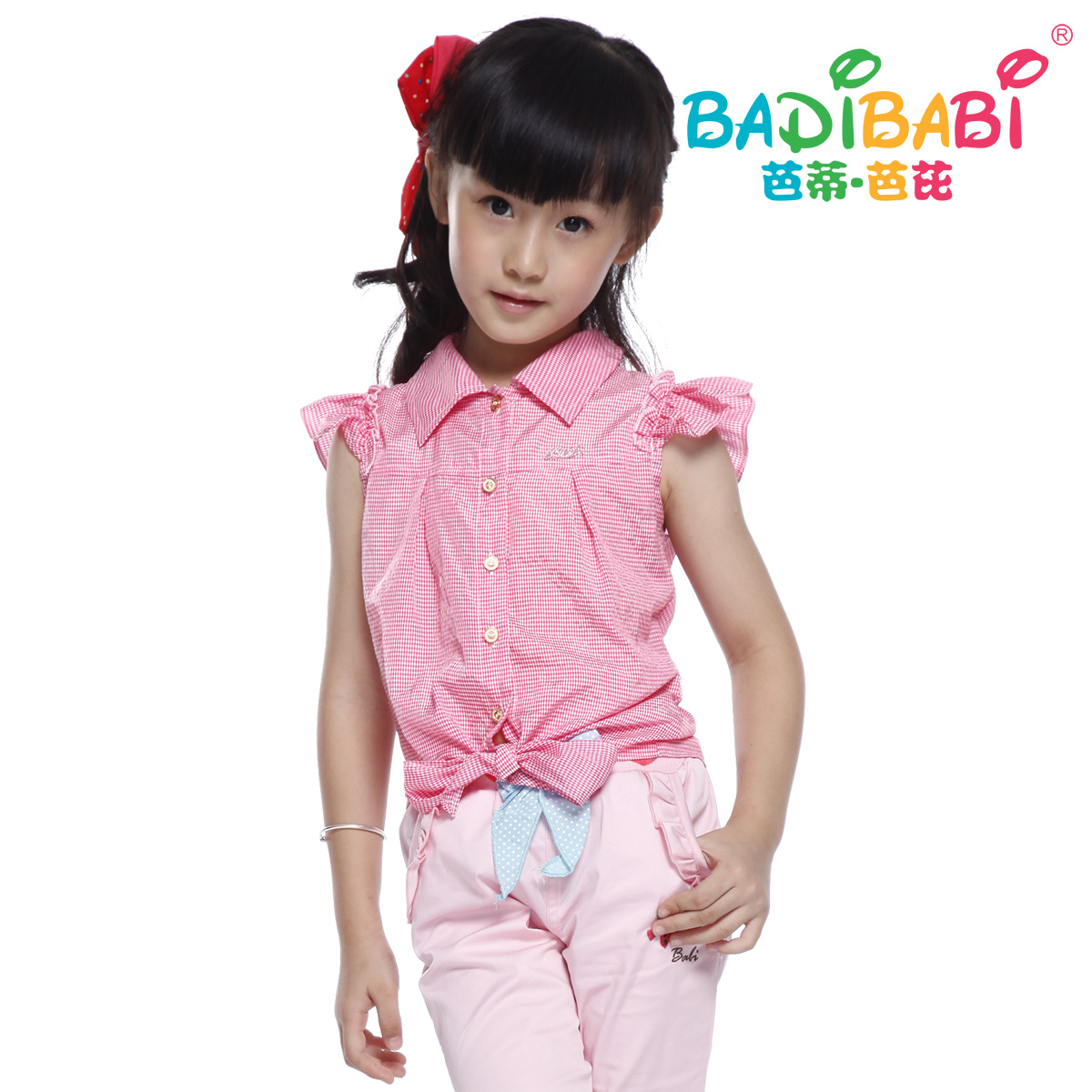 female child summer 2013 small butterfly sleeve plaid shirt clothing red green baby clothes