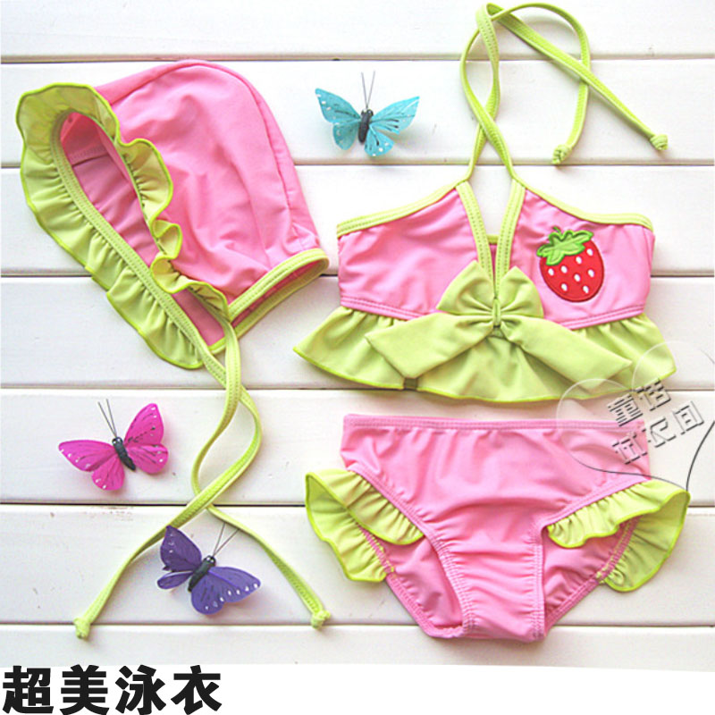 Female child swimwear bikini piece set girl strawberry split child swimsuit hot springs