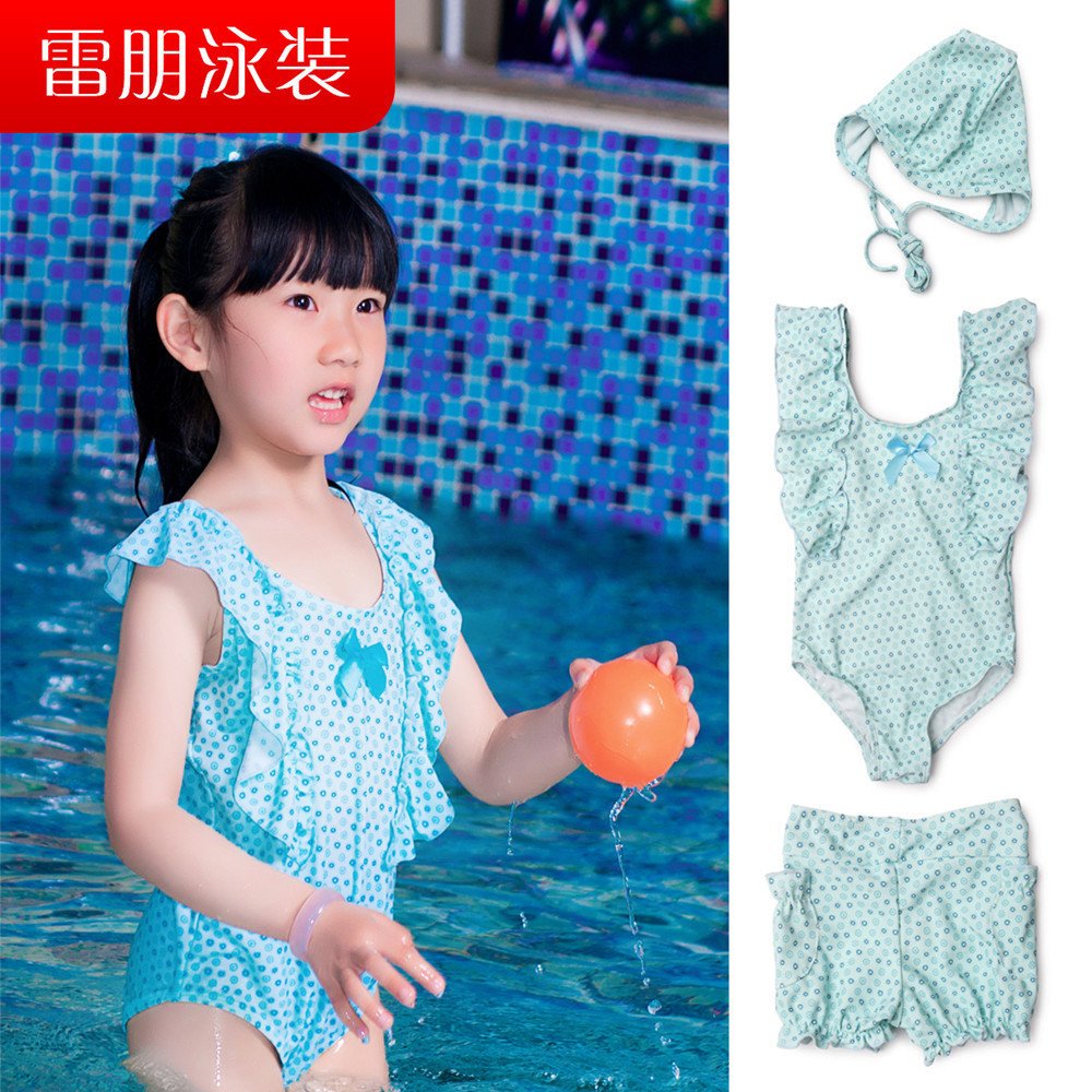 Female child swimwear one piece belt swimming cap pants sunscreen child hot spring swimsuit piece set