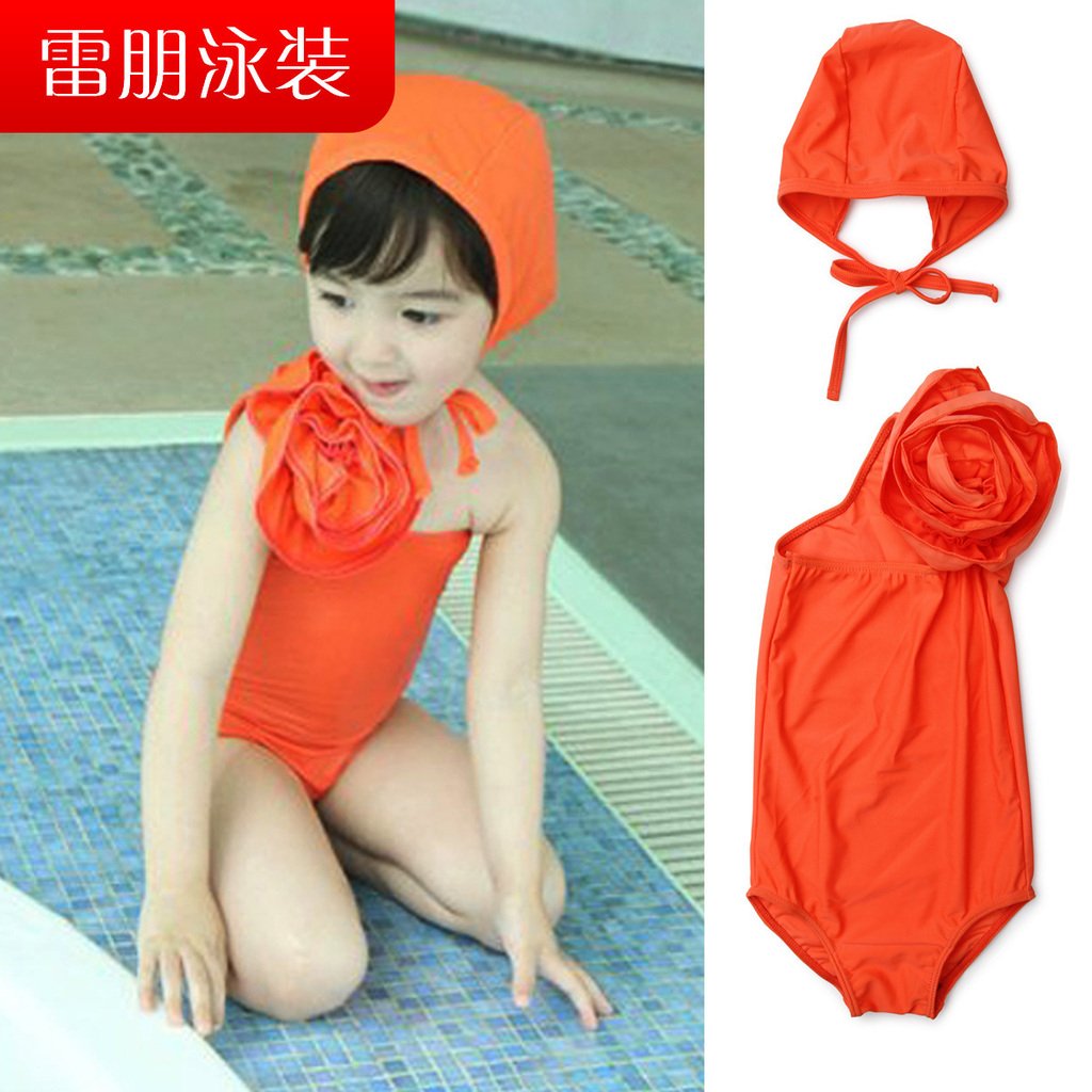 Female child swimwear one piece swimwear q flower belt swimming cap sunscreen child hot spring swimwear