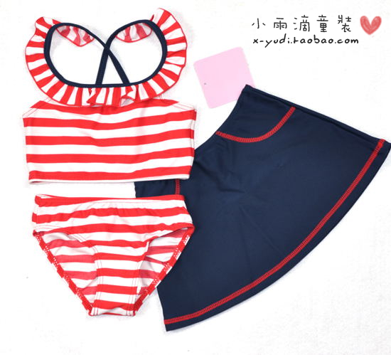 Female child swimwear piece set child skirt split swimwear baby stripe split swimwear