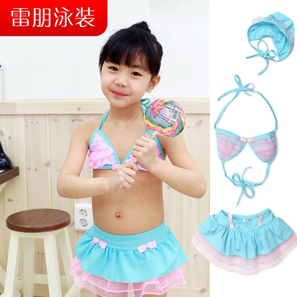 Female child swimwear skirted two-piece swimsuit lace sunscreen swimming cap bikini swimwear