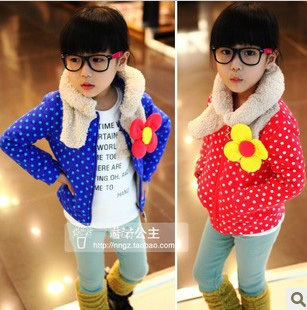 Female child thick outerwear winter polka dot flower scarf rabbit plus velvet cotton-padded coat 2012 clothing