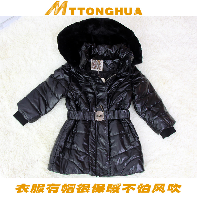 Female child thickening leather medium-long slim waist black overcoat outerwear female child with a hood overcoat trench