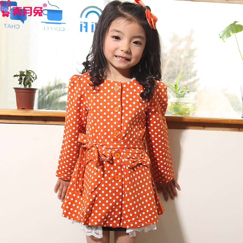 Female child trench outerwear child medium-long trench 2013 spring children's clothing polka dot all-match 030