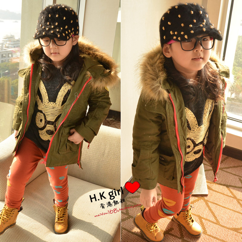 Female child wadded jacket winter wool hat street thickening color block zipper trench cotton-padded jacket