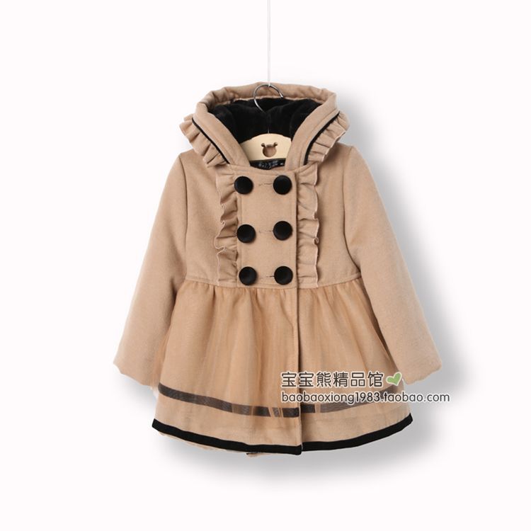 Female child winter child elegant double breasted hooded thickening wool coat trench yarn