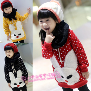 Female child winter polka dot plus velvet three-dimensional rabbit with a hood sweatshirt