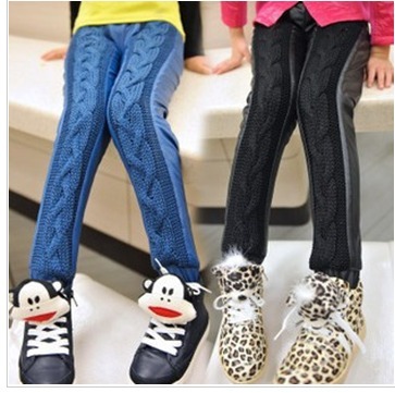 Female child winter yarn thickening pants step trousers boot cut jeans legging 38