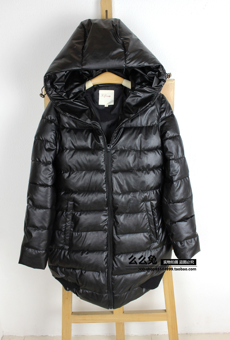 Female faux leather PU wadded jacket medium-long slim cotton-padded jacket thickening cotton-padded jacket with a hood outerwear