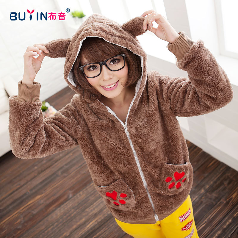 Female faux thickening thermal cardigan cartoon bear ears with a hood long-sleeve outerwear