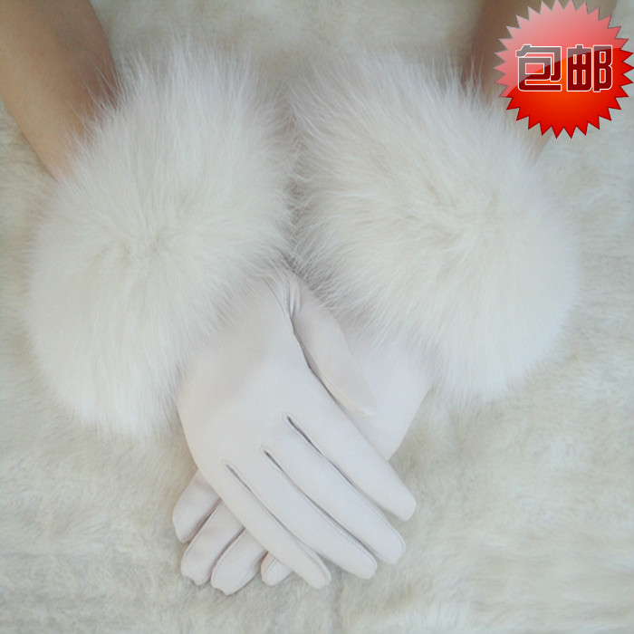 Female fox fur genuine leather gloves sheepskin thermal fleece lined raccoon fur gloves