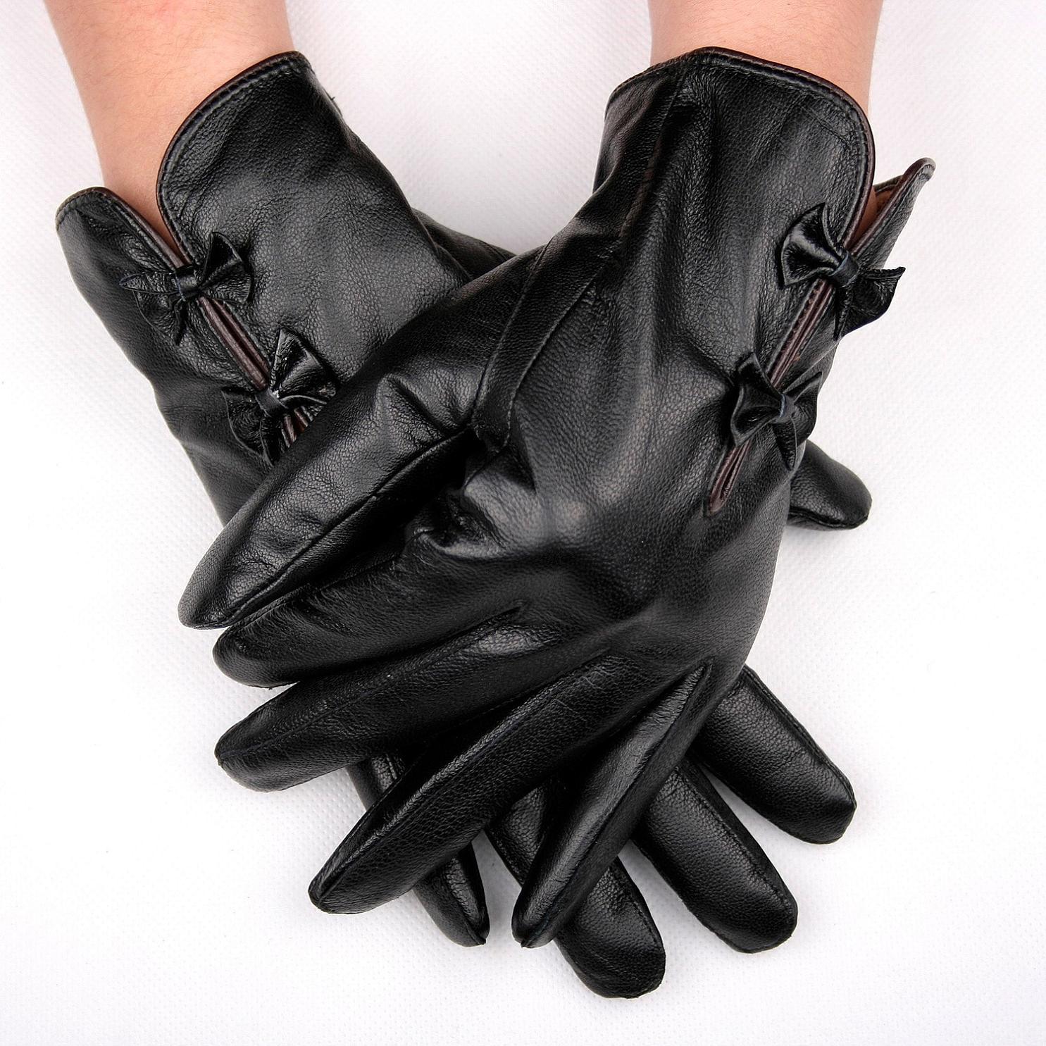 Female gloves genuine leather sheepskin gloves genuine leather fashion winter thermal bow leather gloves
