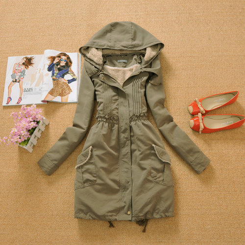 Female hooded medium-long laciness hooded detachable trench outerwear military wind