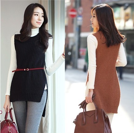 Female knitting coarse sweater low-high slim sleeveless knitted vest pullover yarn vest