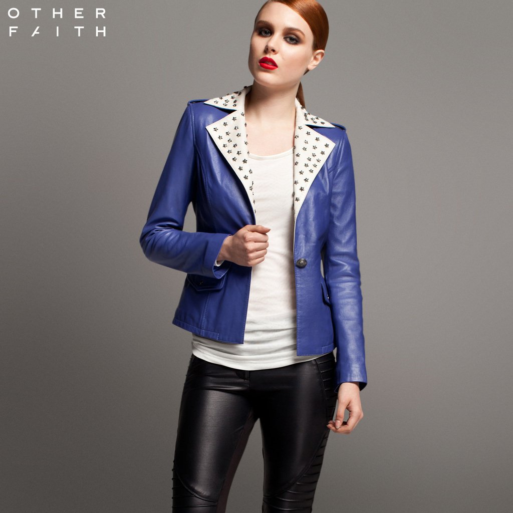 Female leather New arrival rivet turn-down collar purple motorcycle leather clothing female 13g30028