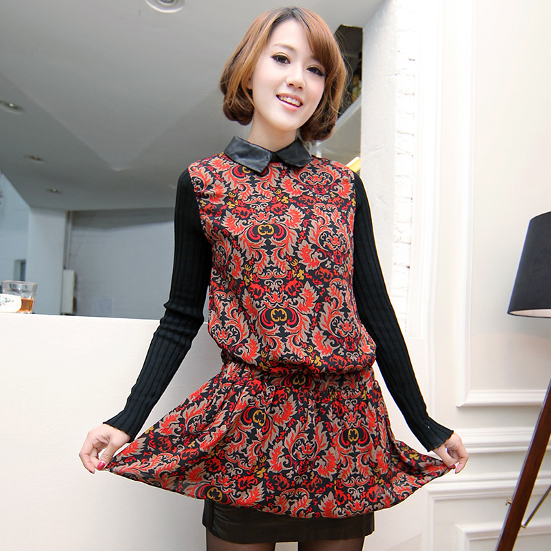 Female leather patchwork turn-down collar knitted long-sleeve basic chiffon one-piece dress