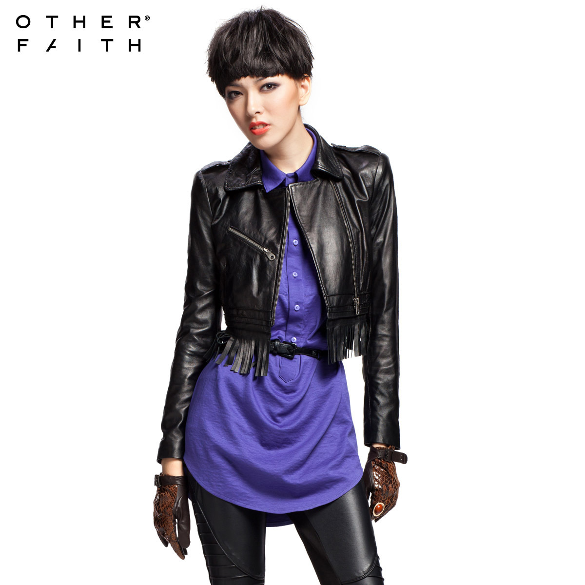 Female leather Sheepskin slim short design genuine leather clothing women's motorcycle outerwear 13g30027