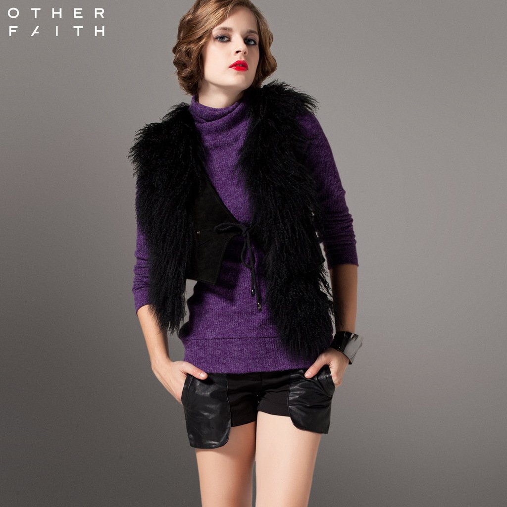 Female leather Wool collar back sheepskin fur vest 13g30025