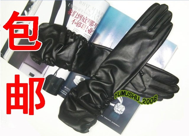 Female long leather gloves Women pleated cuff long design leather gloves