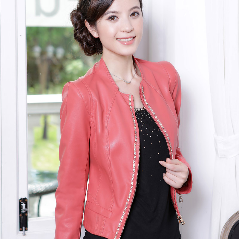 Female quality rhinestones leather clothing plus size female slim short jacket leather clothing female outerwear