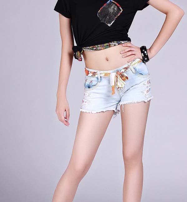 Female's Short Pants Fur Lace Holes Low Waist With Ribbon Personality Light-blue Jeans WF13010304