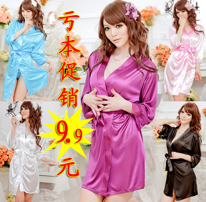 Female sexy temptation robe smooth faux silk bathrobe fashion sleepwear lounge