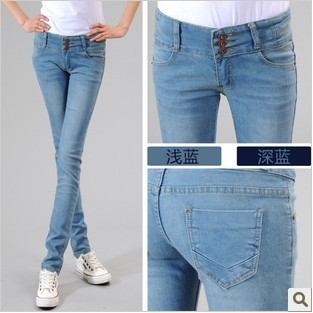 Female skinny pencil casual pants tight slim breasted high waist jeans